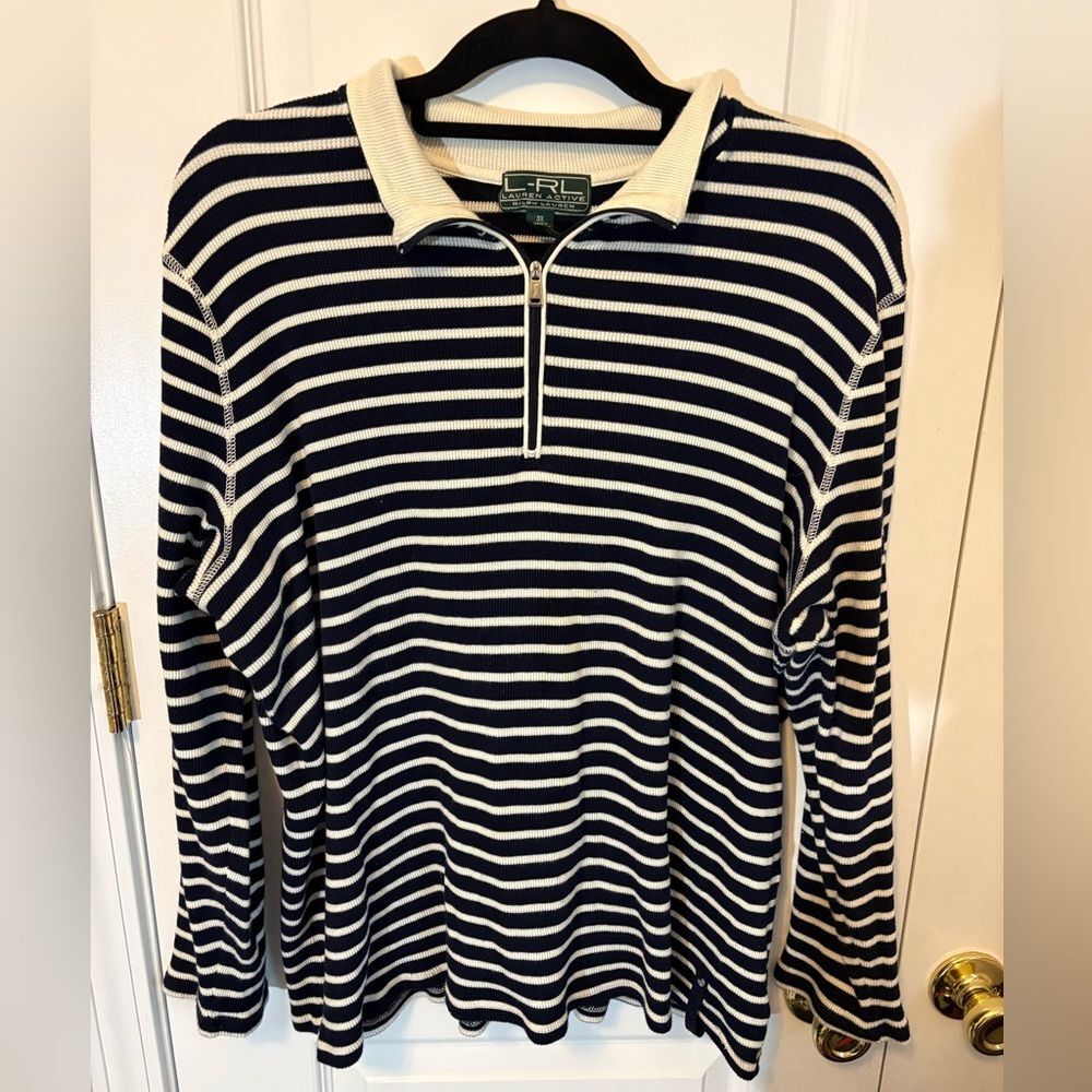RL Lauren Active Ralph Lauren Striped Quarter Zip Top 3X Navy Cream